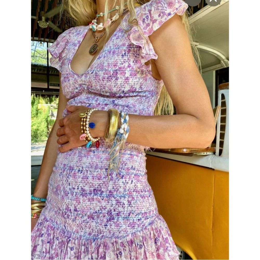 LoveShackFancy Sonora Ruffled Smocked Mini Dress Purple Floral Sz Small NWOT - Picture 5 of 12